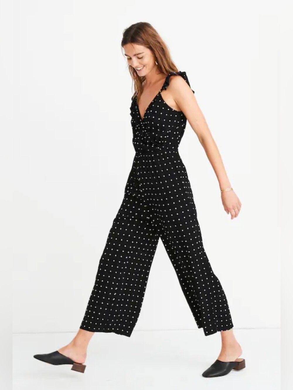 Madewell Petite Ruffle-Front Wrap Jumpsuit in Grid Dot XS
